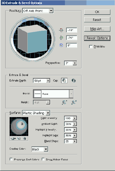 Диалоговое окно 3D Extude & Bevel_Options