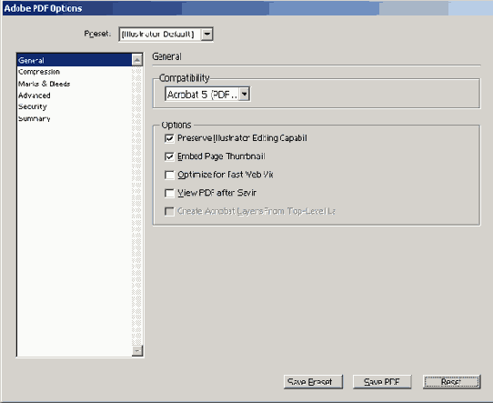Окно Adobe PDF Options